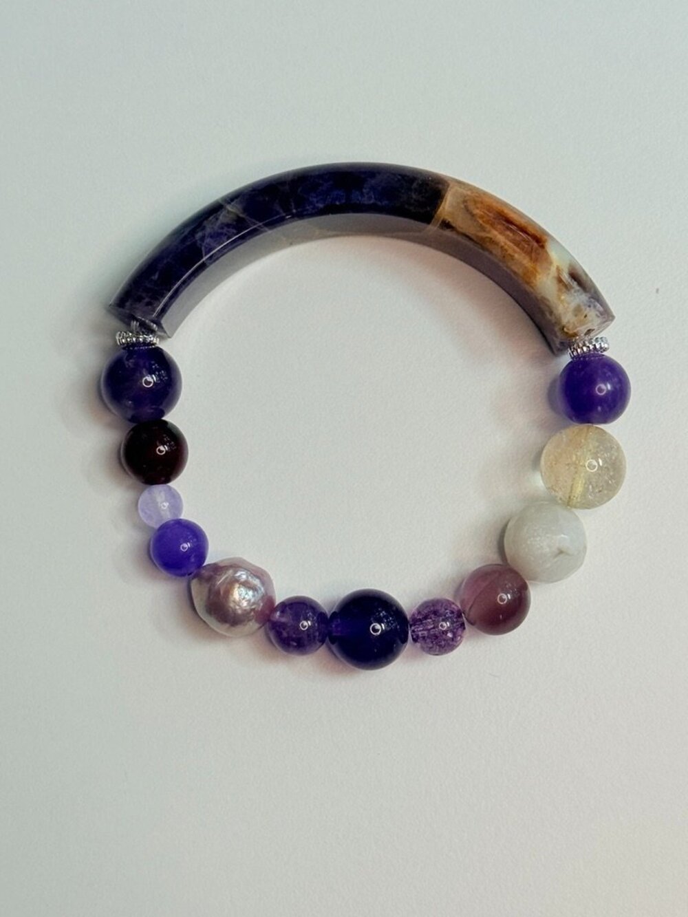 Purple Aurora Gemstone & Baroque Pearl Open Bangle Bracelet